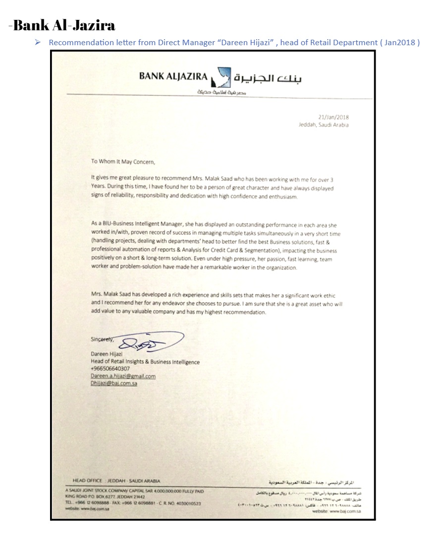 Bank Al-Jazira client recommendation letter